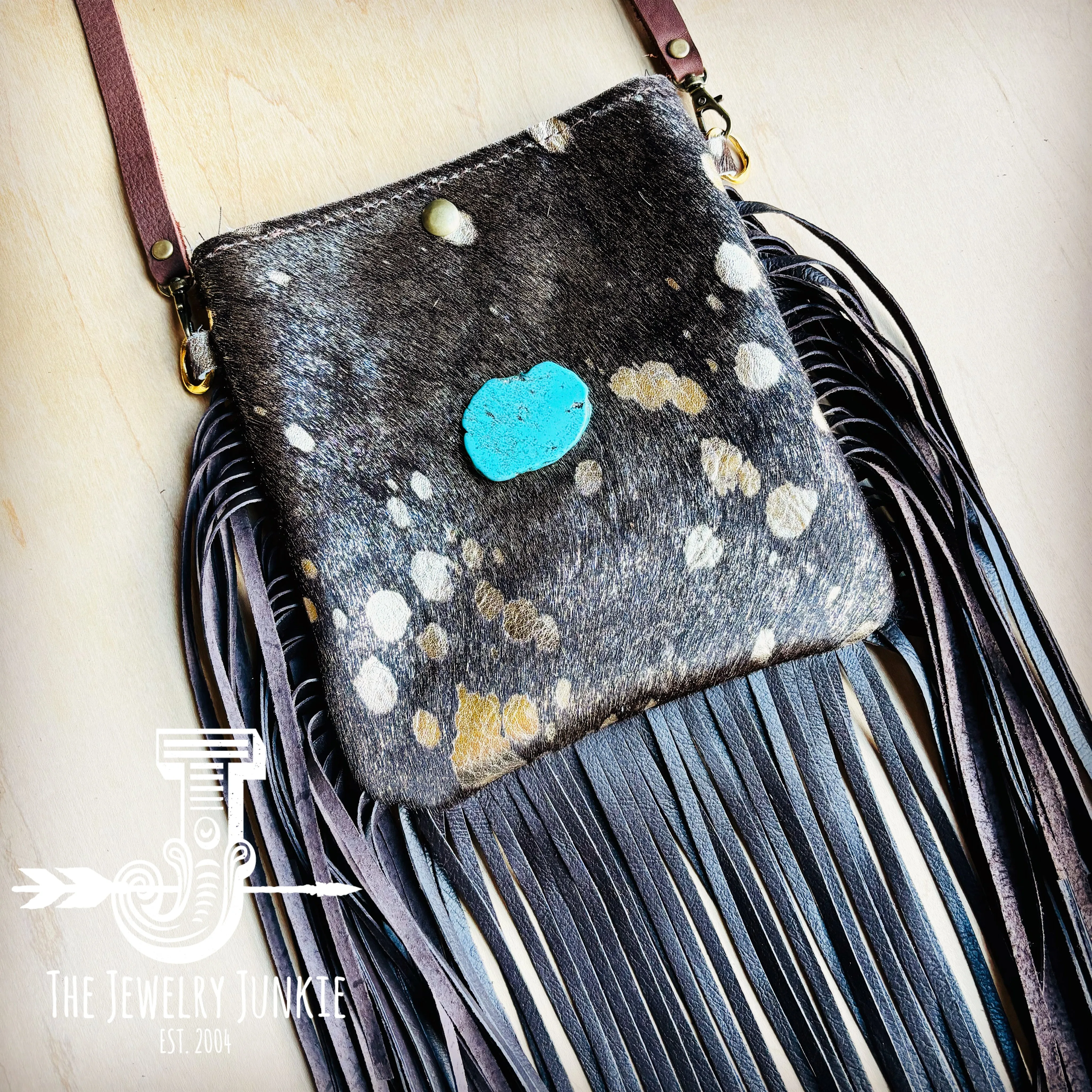 **Small Crossbody Handbag Dark Metallic w/ Turquoise & Fringe 514a