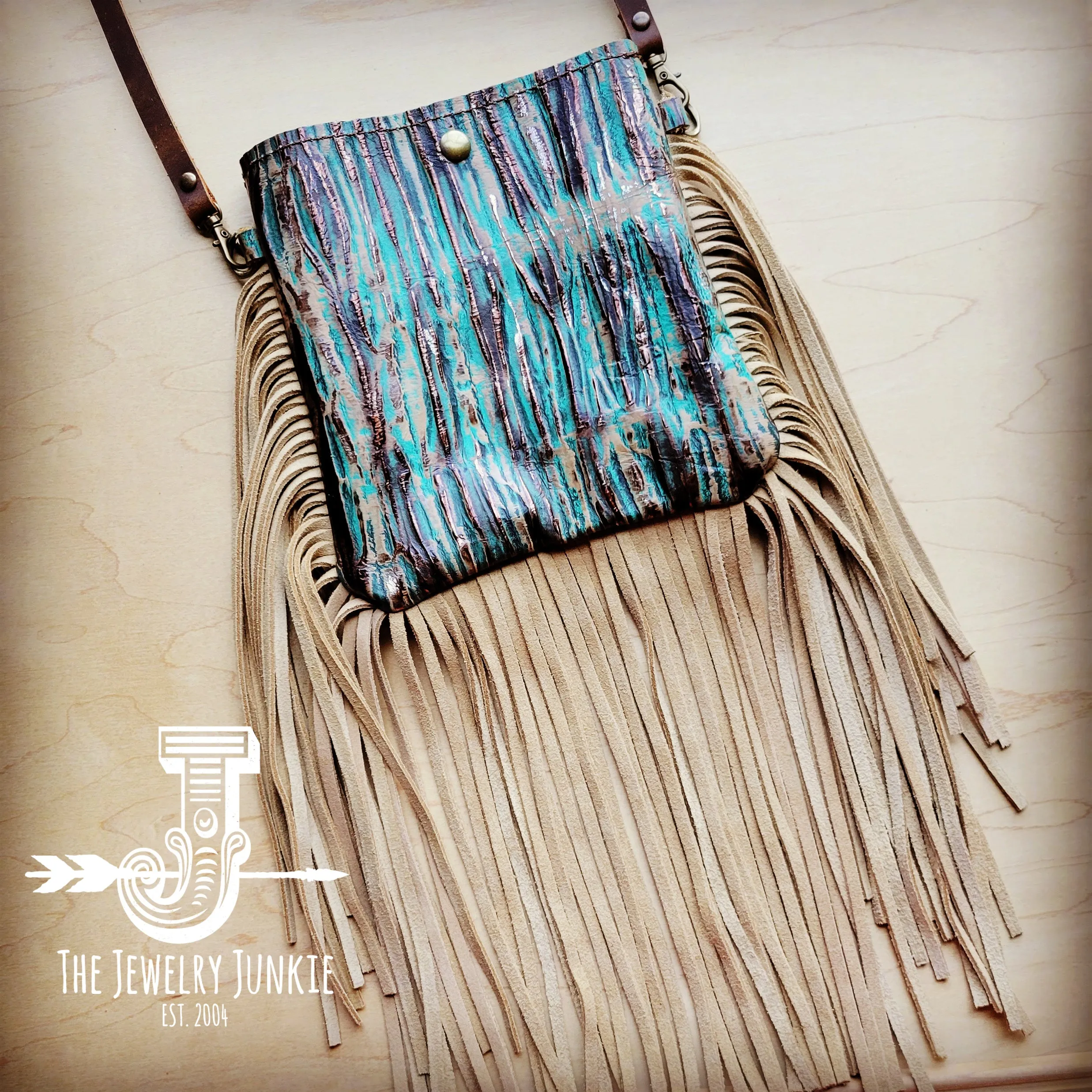 **Small Crossbody Handbag w/ Turquoise Chateau Leather Full Fringe 507u