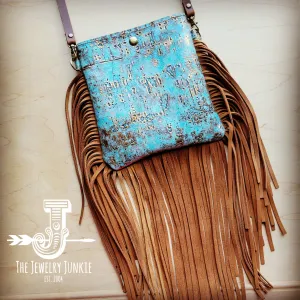 **Small Crossbody Handbag w/ Turquoise Metallic Leather Full Fringe 507s