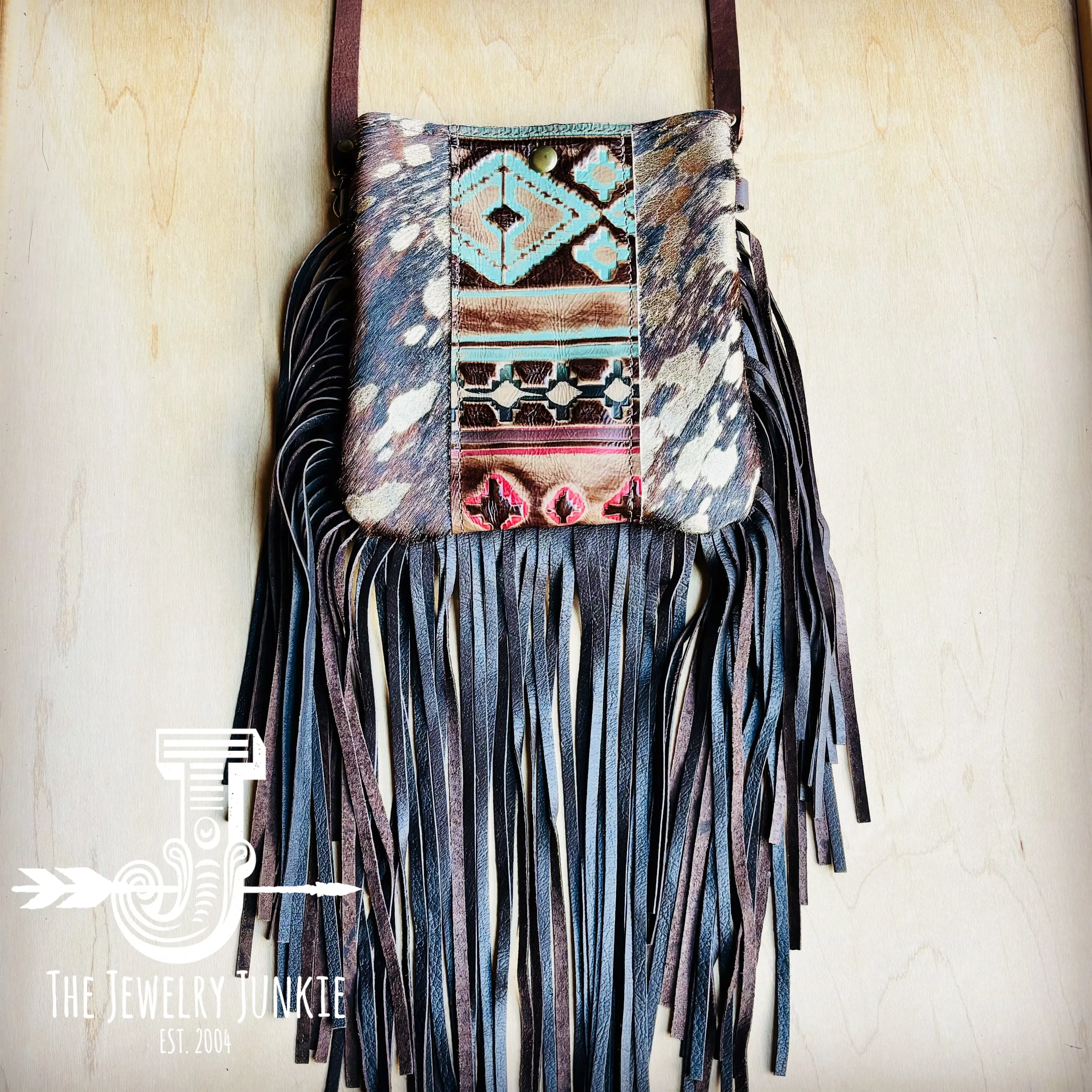 **Small Crossbody Handbag w/ Turquoise Navajo Accent Full Fringe 513v