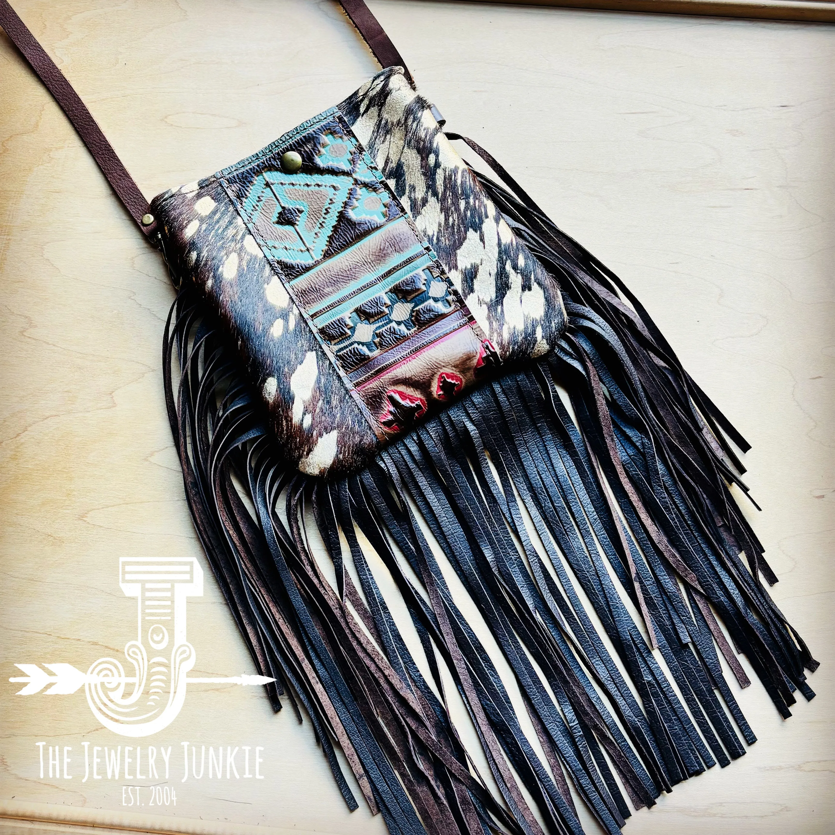 **Small Crossbody Handbag w/ Turquoise Navajo Accent Full Fringe 513v