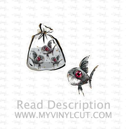 Sticker | 68I | Bag of Piranha | Waterproof Vinyl Sticker | White | Clear | Permanent | Removable | Window Cling | Glitter | Holographic