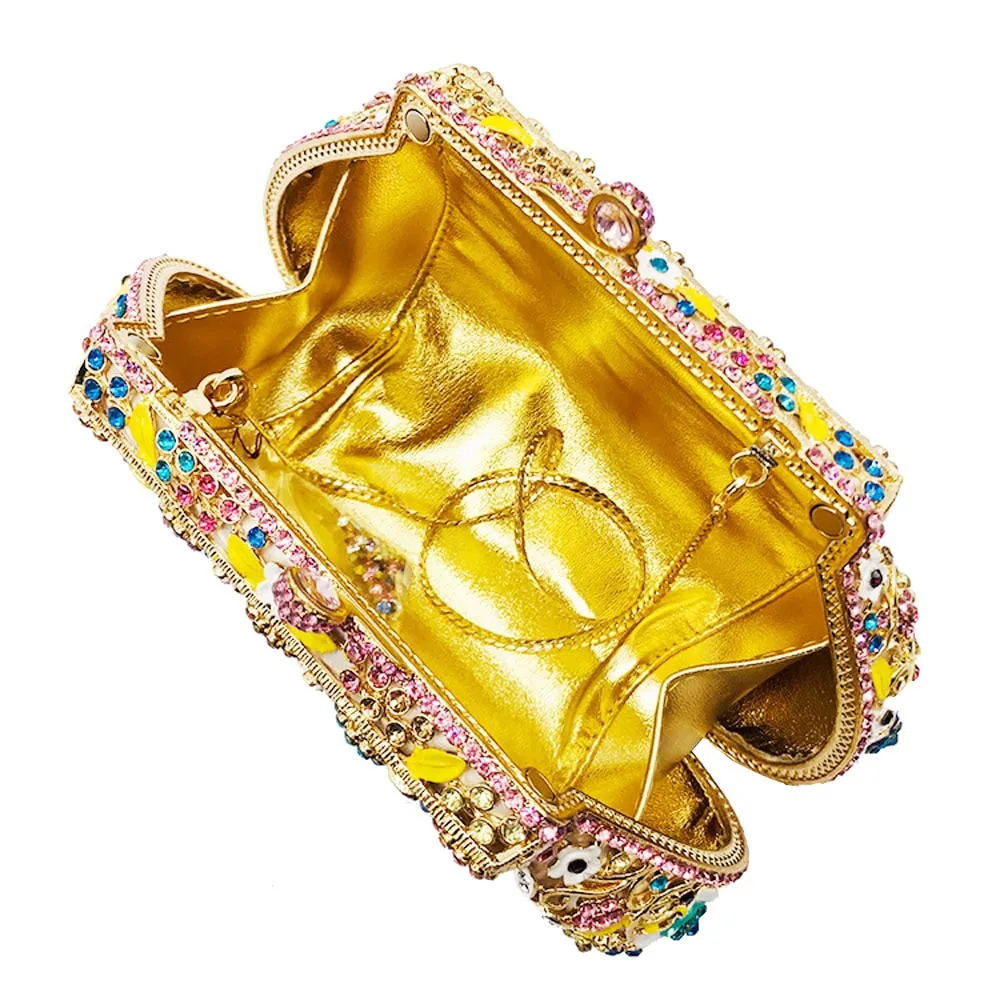 TEEK - Flower Sequin Metal Chain Rhinestone Clutch Purse