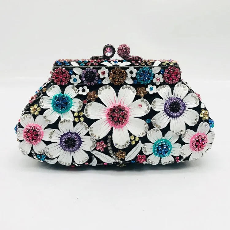 TEEK - Flower Sequin Metal Chain Rhinestone Clutch Purse