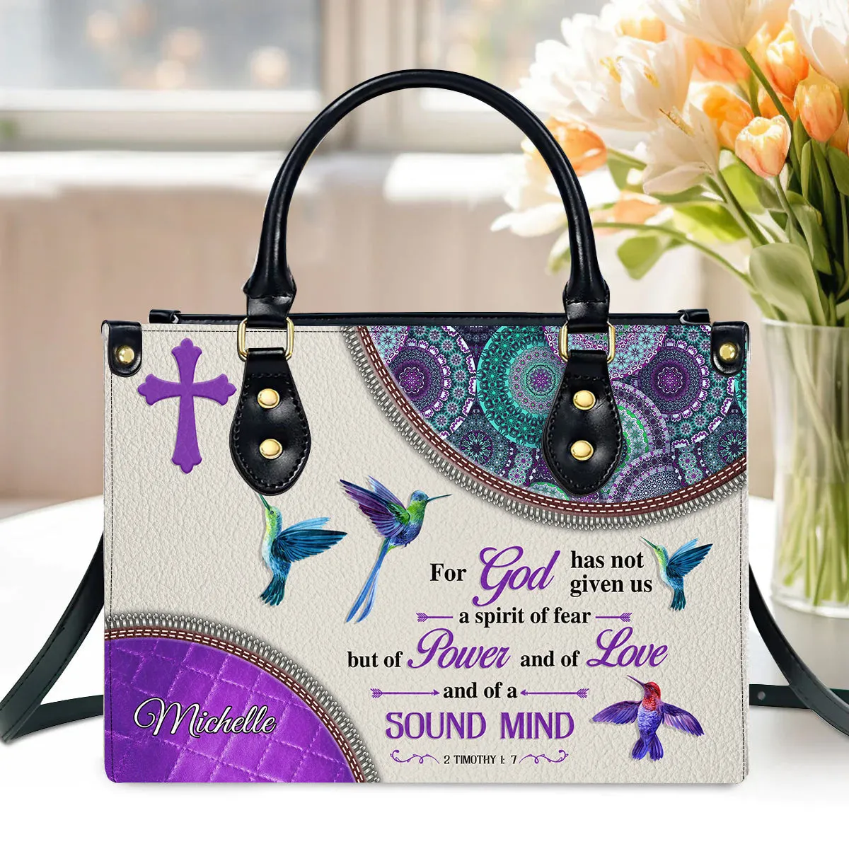 Teesdily | Customized Hummingbird Jesus Cross Boho Design Handbag, For God Has Not Given Us Spirit Of Fear Leather Handbag, Christian Handbag