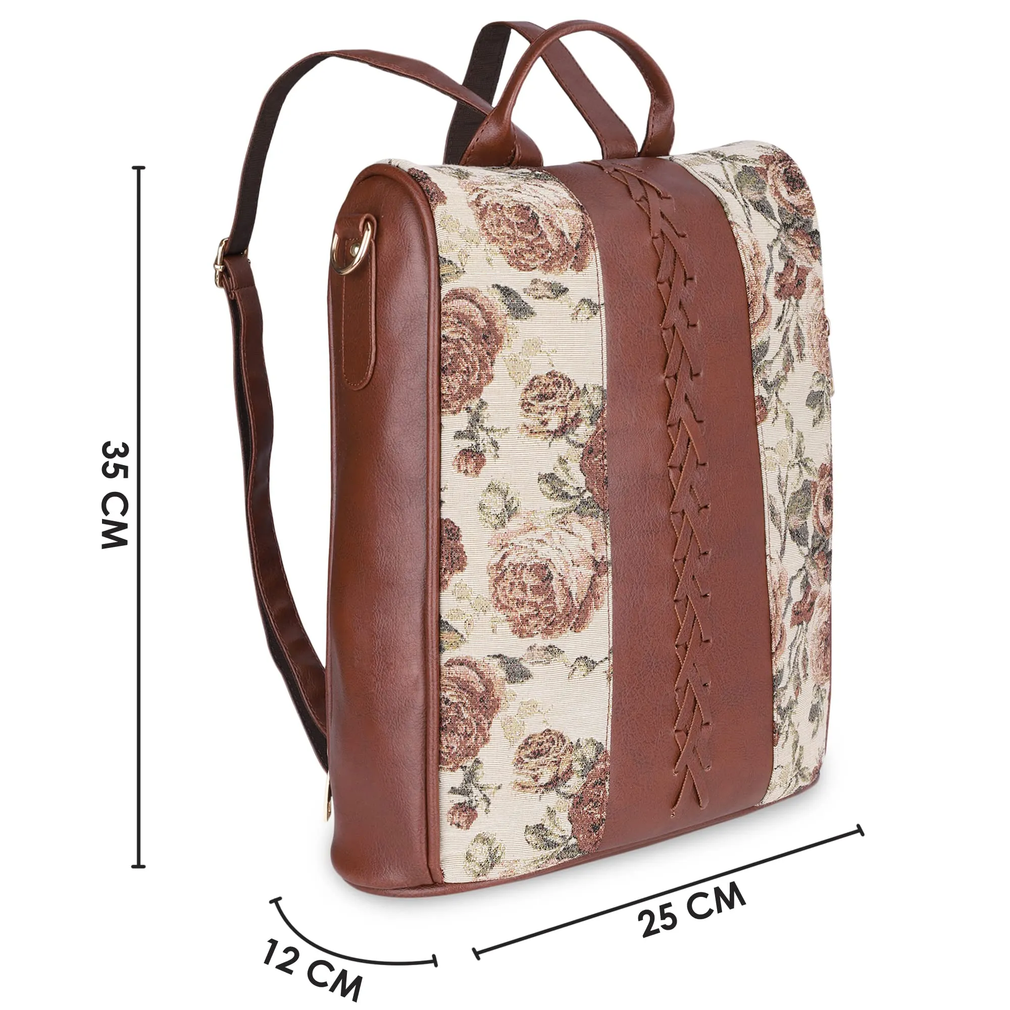 THE CLOWNFISH 10.5 Litres Akaya Collection Tapestry Fabric & Faux Leather Anti-Theft Back Open Style Womens Backpack Travel Backpack For College Going Girls - Brown-Floral