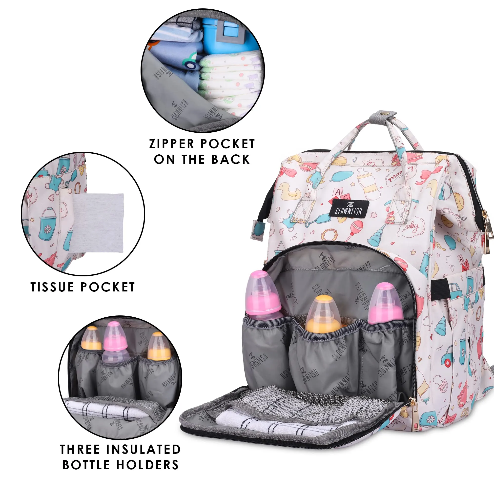 THE CLOWNFISH Baby On Board Series Multipurpose Diaper Bag/Backpack/Nappy Bag/Handbag/Maternity Bag For Baby Essentials with Bottle Organizer & Tissues Dispensing Pocket in Polyester (Light Cream)