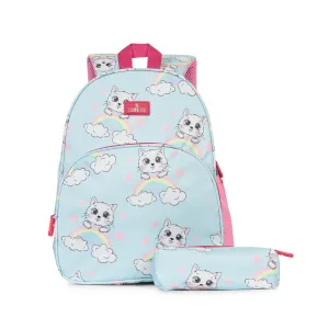 THE CLOWNFISH Cosmic Critters Series Printed Polyester 15 Litres Kids Backpack School Bag with Free Pencil Staionery Pouch Daypack Picnic Bag for Tiny Tots Of Age 5-7 Years (Blue - Kitty)