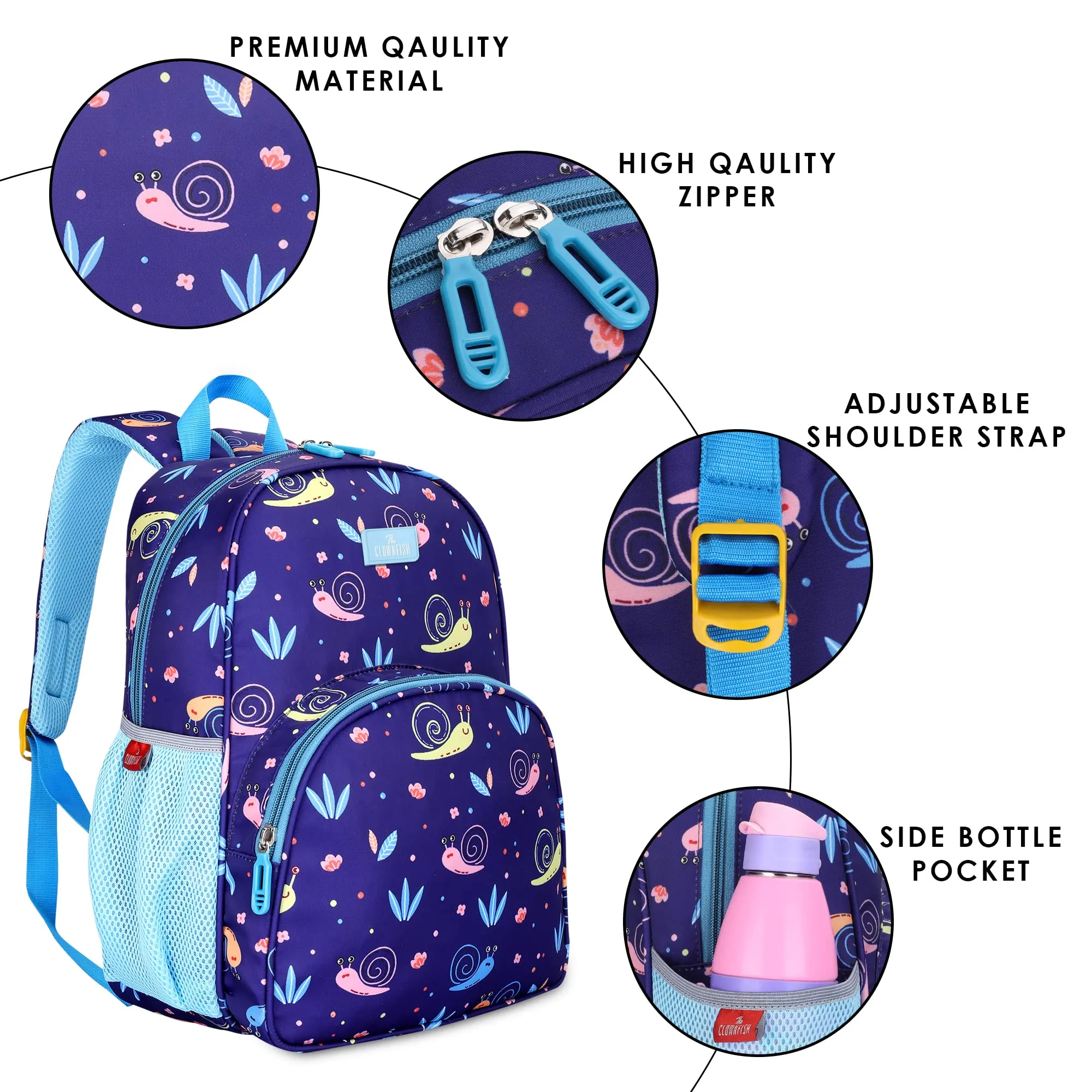 THE CLOWNFISH Cosmic Critters Series Printed Polyester 15 Litres Kids Standard Backpack School Bag Daypack Picnic Bag For Tiny Tots Of Age 5-7 Years (Navy Blue-Snail Print),Medium