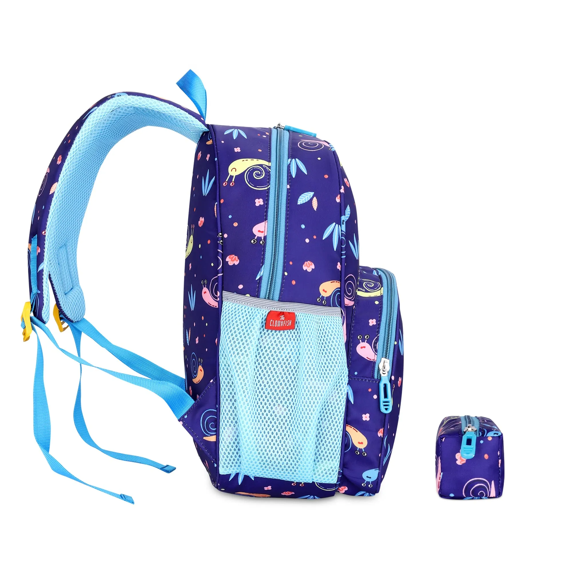 THE CLOWNFISH Cosmic Critters Series Printed Polyester 15 Litres Kids Standard Backpack School Bag Daypack Picnic Bag For Tiny Tots Of Age 5-7 Years (Navy Blue-Snail Print),Medium