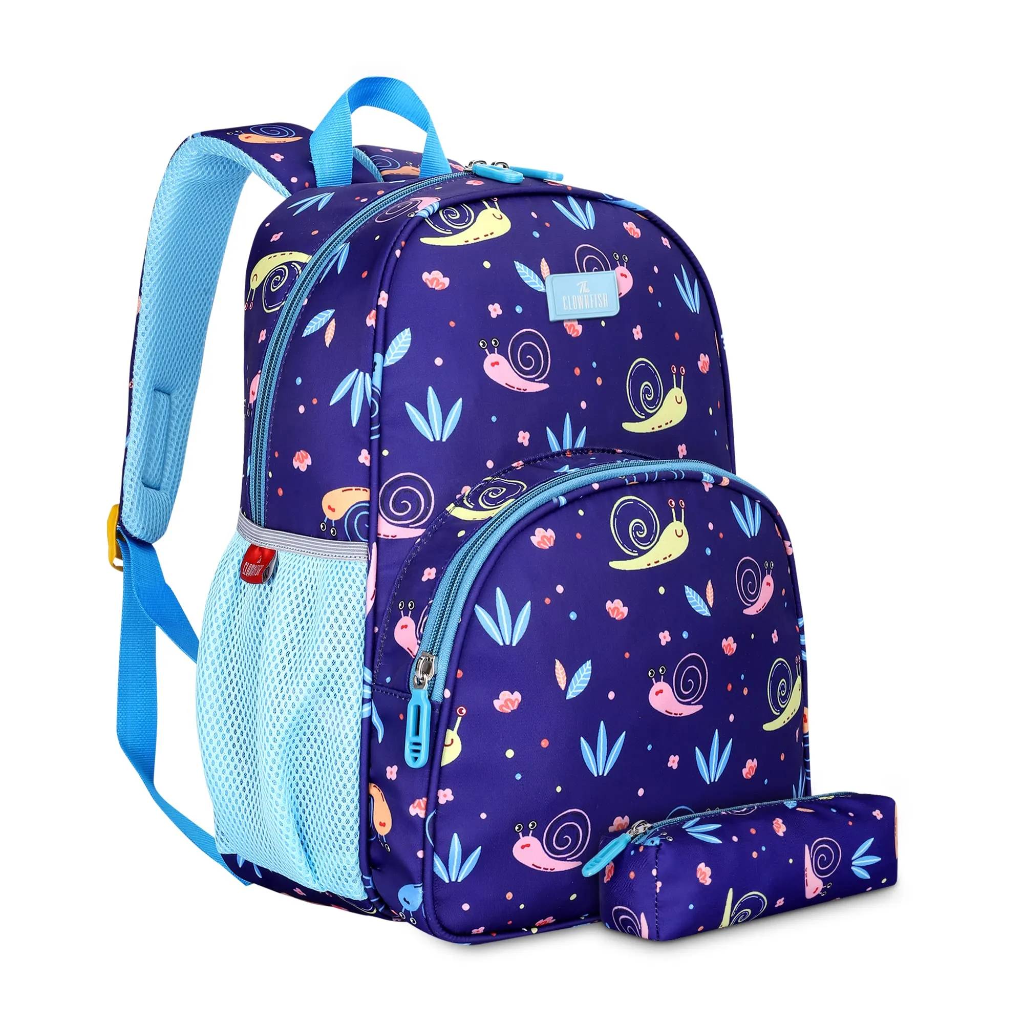 THE CLOWNFISH Cosmic Critters Series Printed Polyester 15 Litres Kids Standard Backpack School Bag Daypack Picnic Bag For Tiny Tots Of Age 5-7 Years (Navy Blue-Snail Print),Medium