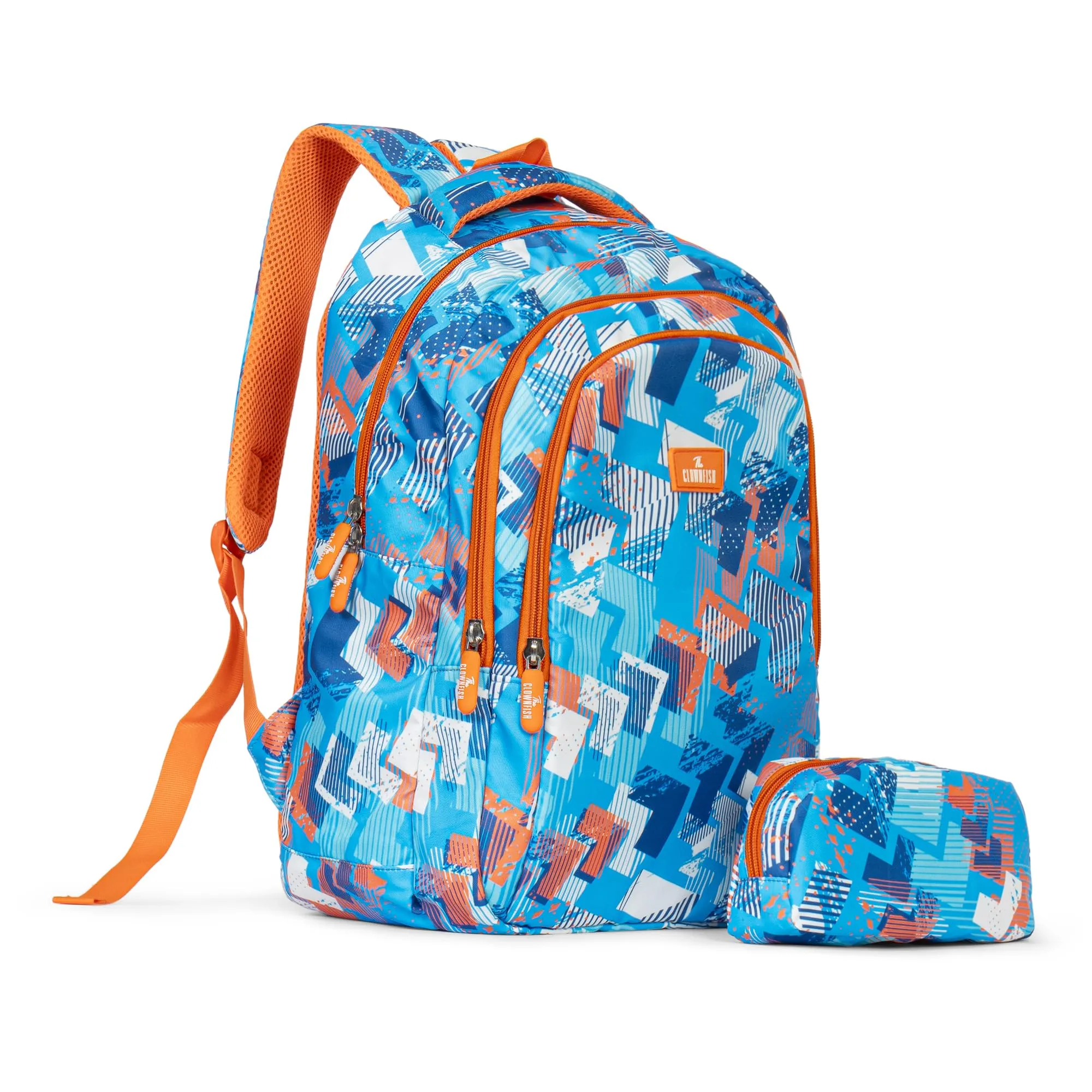 THE CLOWNFISH Scholastic Series Printed Polyester 30 L School Backpack with Pencil/Staionery Pouch School Bag Daypack Picnic Bag For School Going Boys & Girls Age 8-10 years (Blue - Orange)