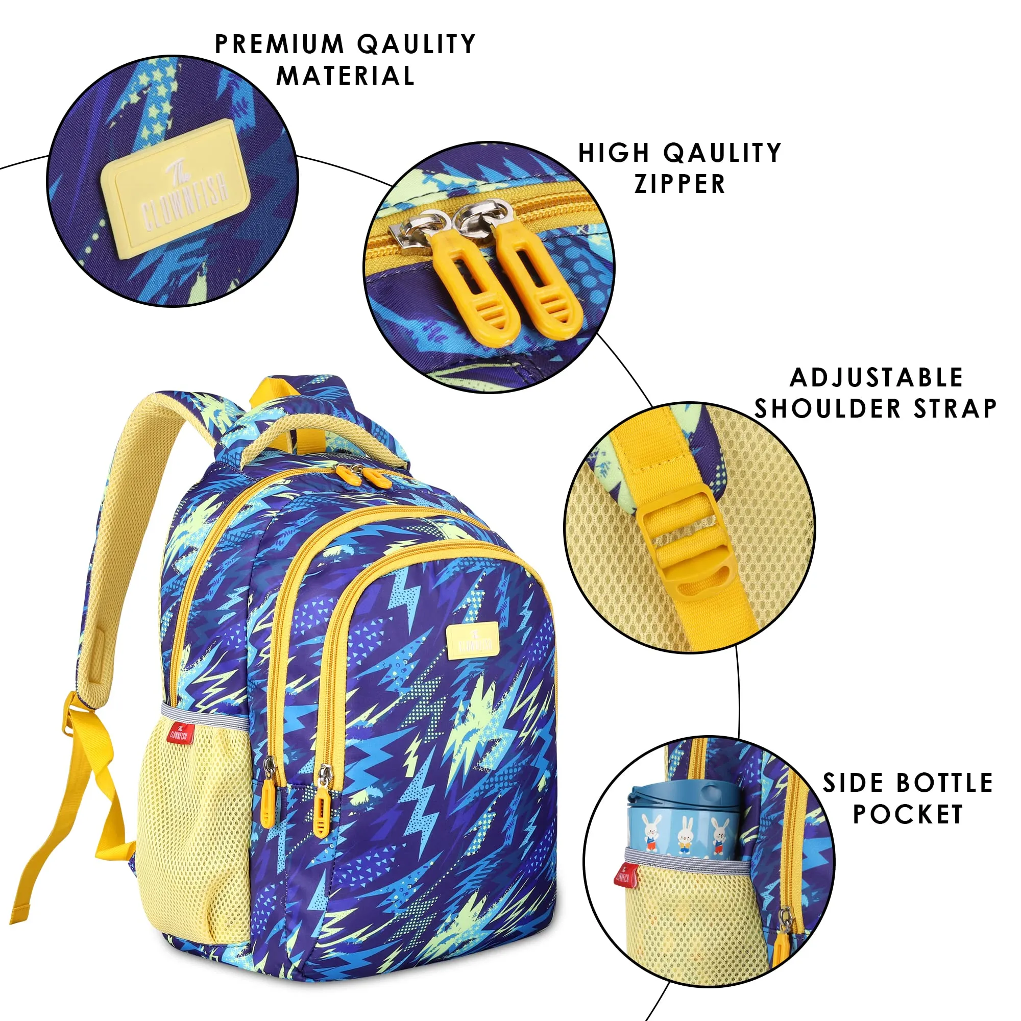 THE CLOWNFISH Scholastic Series Printed Polyester 30 L School Backpack with Pencil/Staionery Pouch School Bag Daypack Picnic Bag For School Going Boys & Girls Age 8-10 years (Lightning Blue)