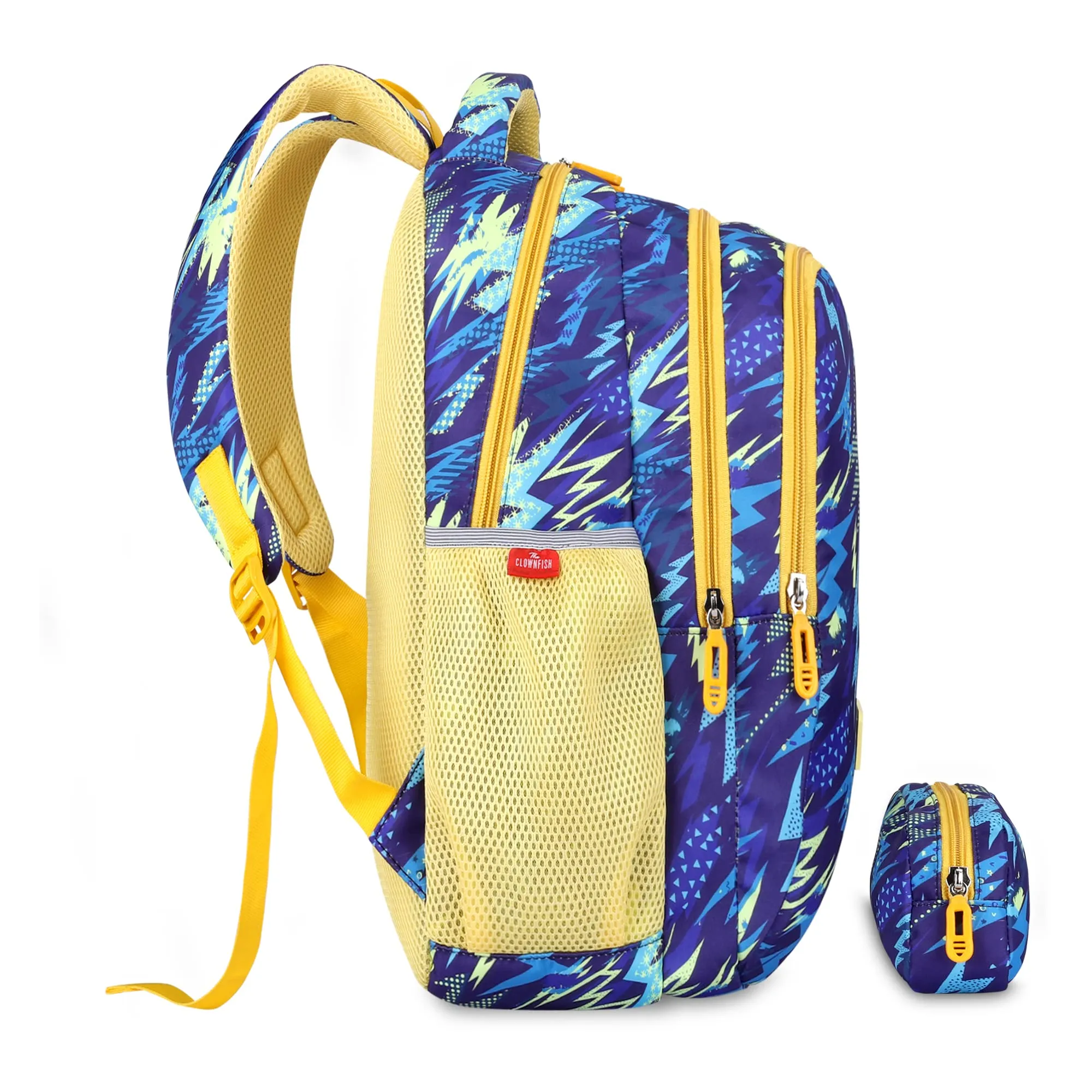 THE CLOWNFISH Scholastic Series Printed Polyester 30 L School Backpack with Pencil/Staionery Pouch School Bag Daypack Picnic Bag For School Going Boys & Girls Age 8-10 years (Lightning Blue)