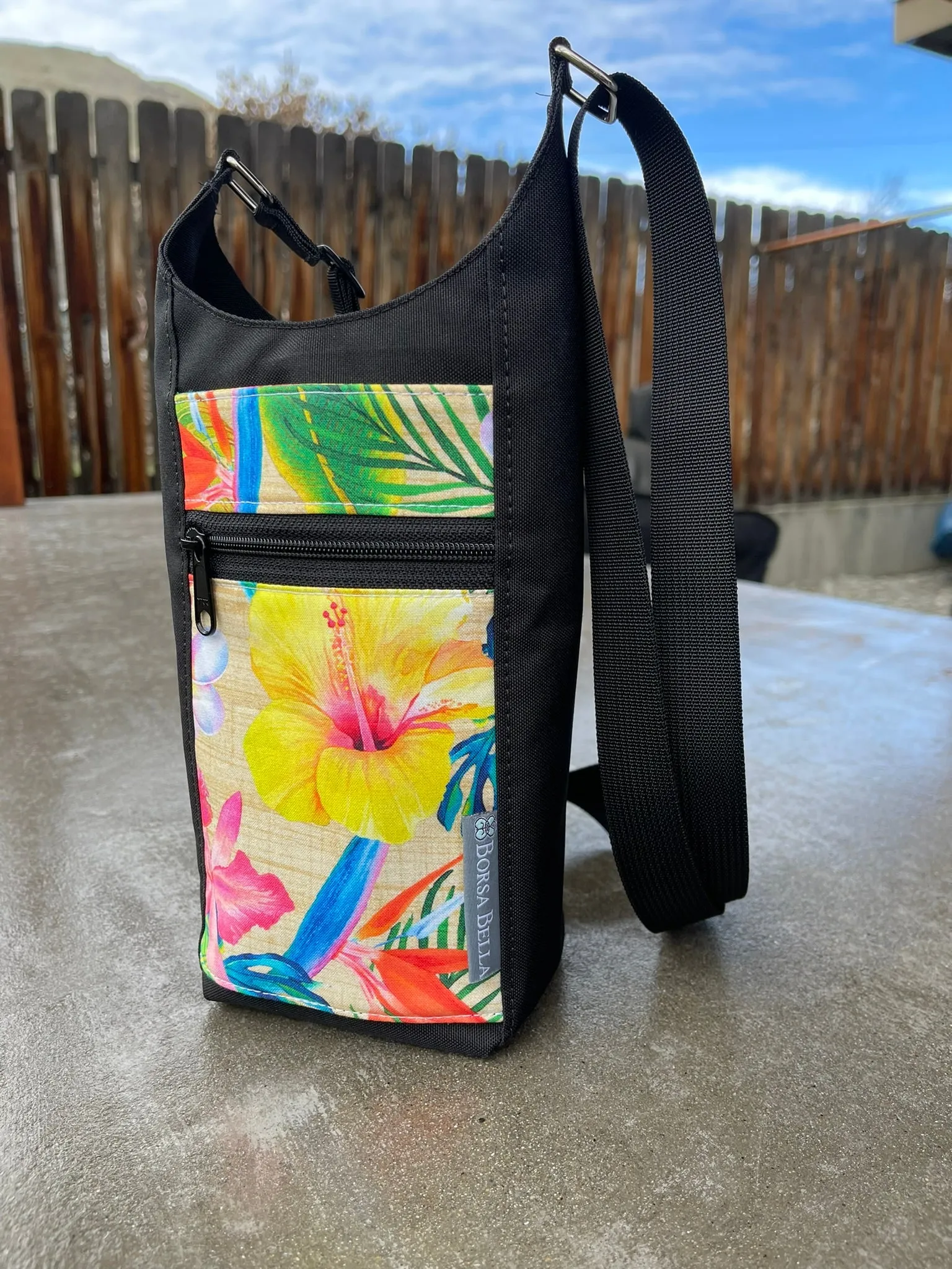 Water Bottle Crossbody Bag - Day Drinker - Hawiian Tropical Flower Fabric Pocket